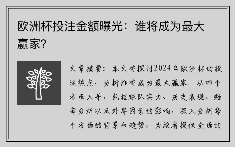 欧洲杯投注金额曝光：谁将成为最大赢家？