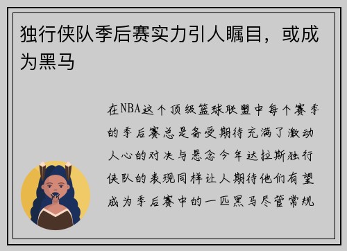 独行侠队季后赛实力引人瞩目，或成为黑马